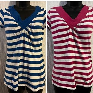 (2) Rue 21 Striped V-Neck Women Tops - Blue and Pink